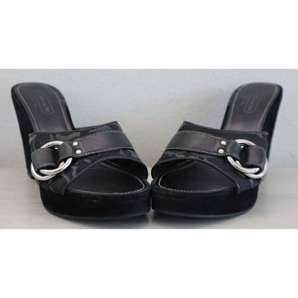 Coach Women's Sz 8M Black Suede Merridith Y2K Wedge Slip-On Buckle Sandals - Picture 3 of 9